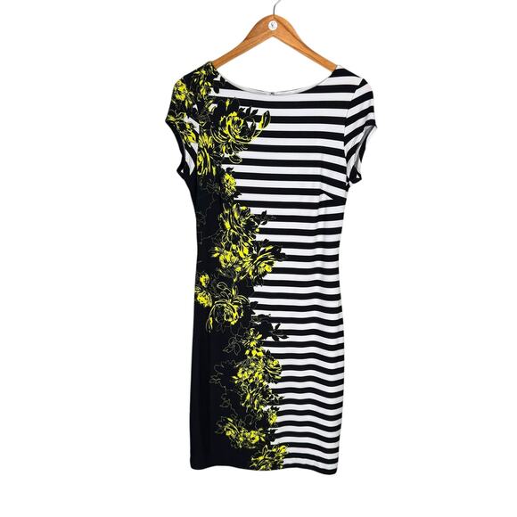 Cache Black & White Stripe Yellow Floral Print Jersey Knit Stretch Sheath Dress - Picture 7 of 10